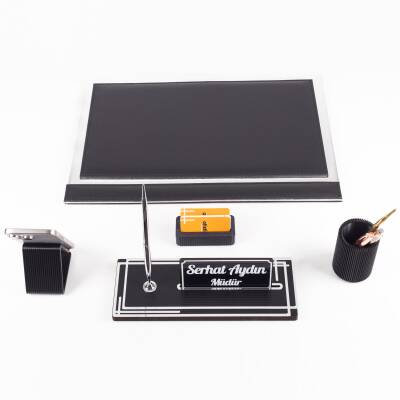 Apollo Gümüş Varak Desenli Siyah Deri Sümen Seti İsme Özel Ofis Masa İsimliği Masaüstü Sümen Takımı - 2