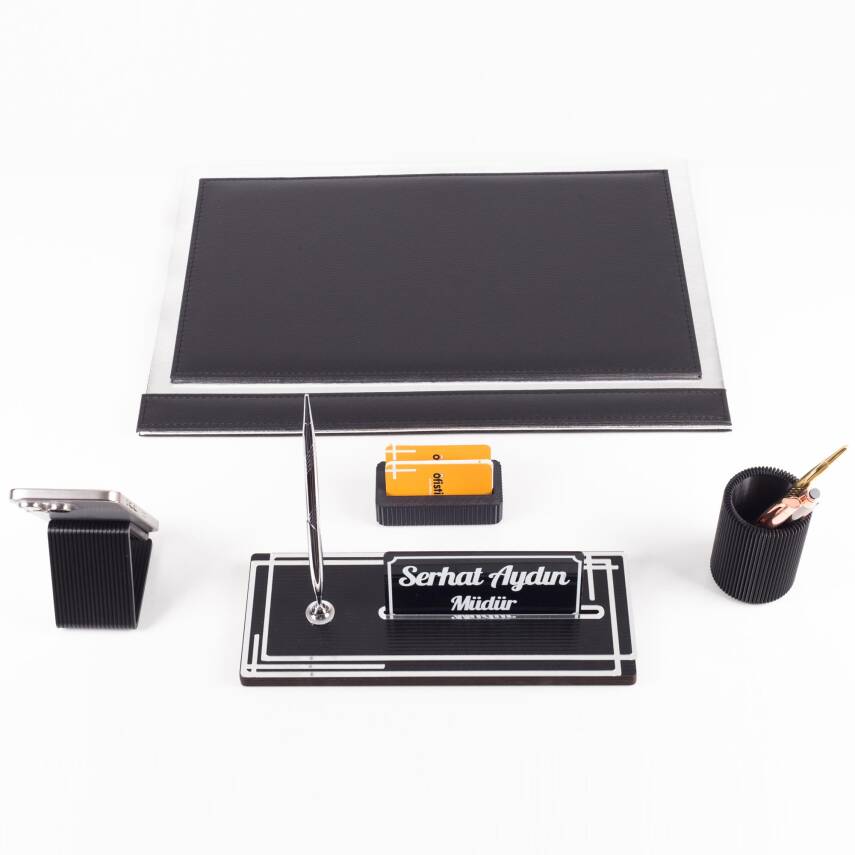 Apollo Gümüş Varak Desenli Siyah Deri Sümen Seti İsme Özel Ofis Masa İsimliği Masaüstü Sümen Takımı - 2