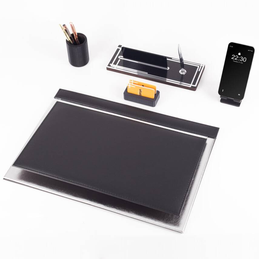 Apollo Gümüş Varak Desenli Siyah Deri Sümen Seti İsme Özel Ofis Masa İsimliği Masaüstü Sümen Takımı - 3