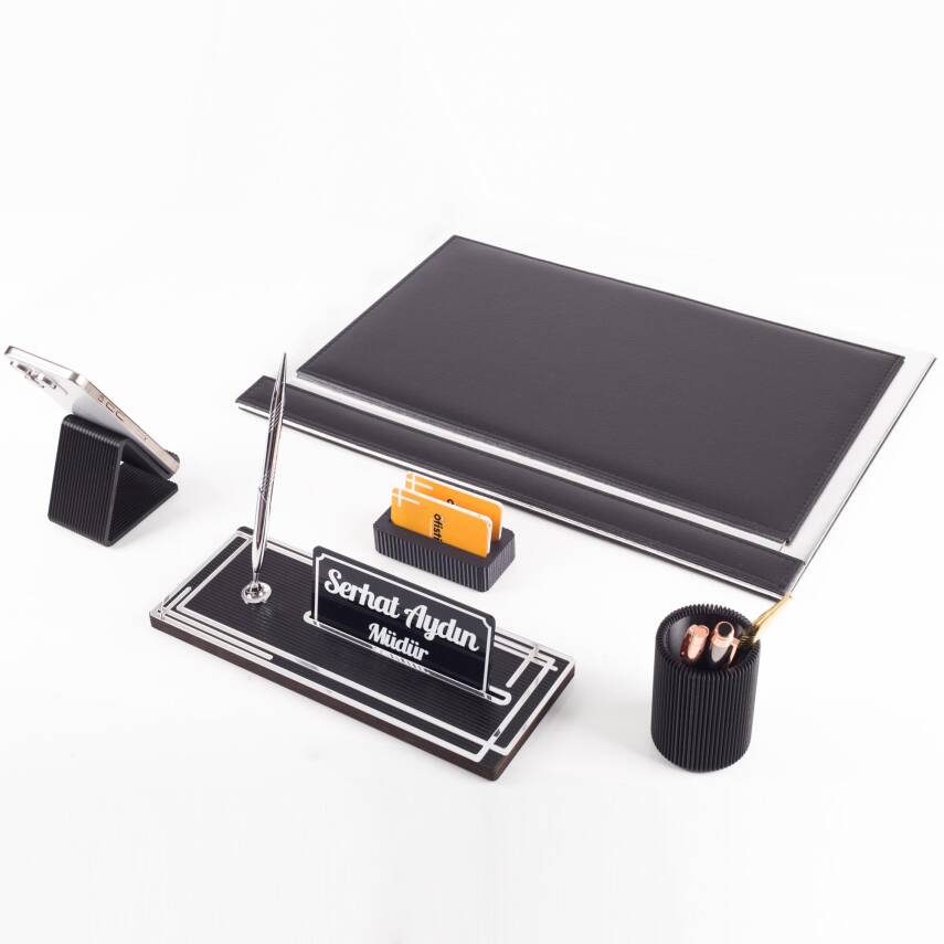 Apollo Gümüş Varak Desenli Siyah Deri Sümen Seti İsme Özel Ofis Masa İsimliği Masaüstü Sümen Takımı - 4
