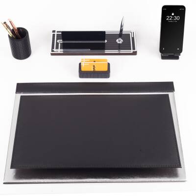 Apollo Gümüş Varak Desenli Siyah Deri Sümen Seti İsme Özel Ofis Masa İsimliği Masaüstü Sümen Takımı - 5