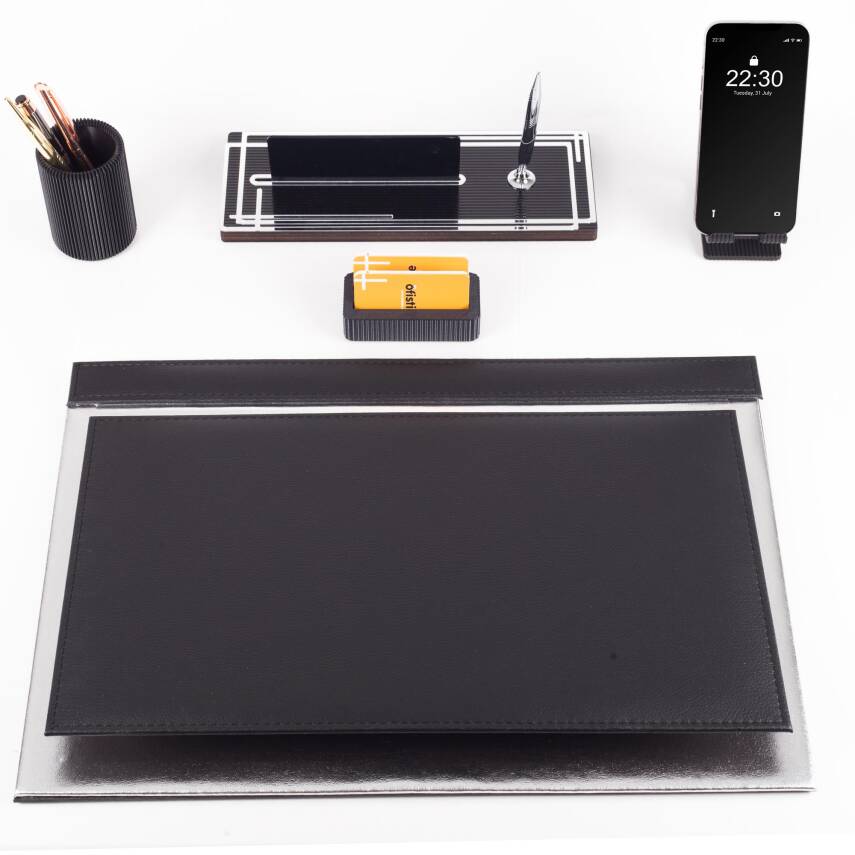 Apollo Gümüş Varak Desenli Siyah Deri Sümen Seti İsme Özel Ofis Masa İsimliği Masaüstü Sümen Takımı - 5