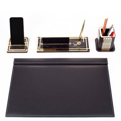 Ares Siyah Deri Sümen Takımı Gold Mermer Desen Ahşap İsme Özel Masa İsimliği İsimlik Seti - Ofistike