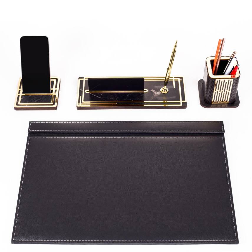 Ares Siyah Deri Sümen Takımı Gold Mermer Desen Ahşap İsme Özel Masa İsimliği İsimlik Seti - 1