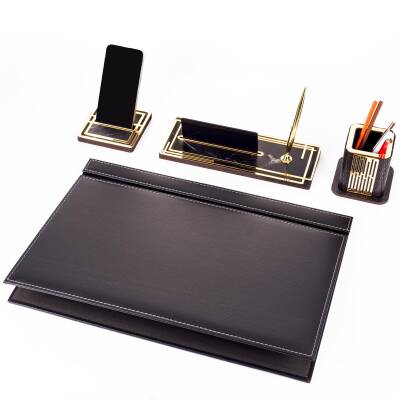 Ares Siyah Deri Sümen Takımı Gold Mermer Desen Ahşap İsme Özel Masa İsimliği İsimlik Seti - 2