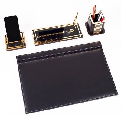 Ares Siyah Deri Sümen Takımı Gold Mermer Desen Ahşap İsme Özel Masa İsimliği İsimlik Seti - 3