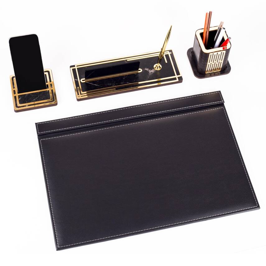 Ares Siyah Deri Sümen Takımı Gold Mermer Desen Ahşap İsme Özel Masa İsimliği İsimlik Seti - 3