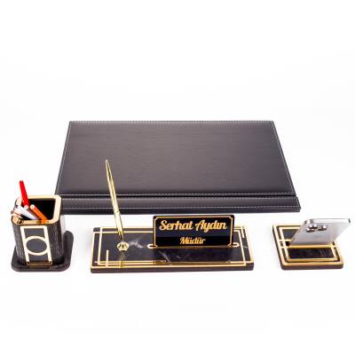 Ares Siyah Deri Sümen Takımı Gold Mermer Desen Ahşap İsme Özel Masa İsimliği İsimlik Seti - 4