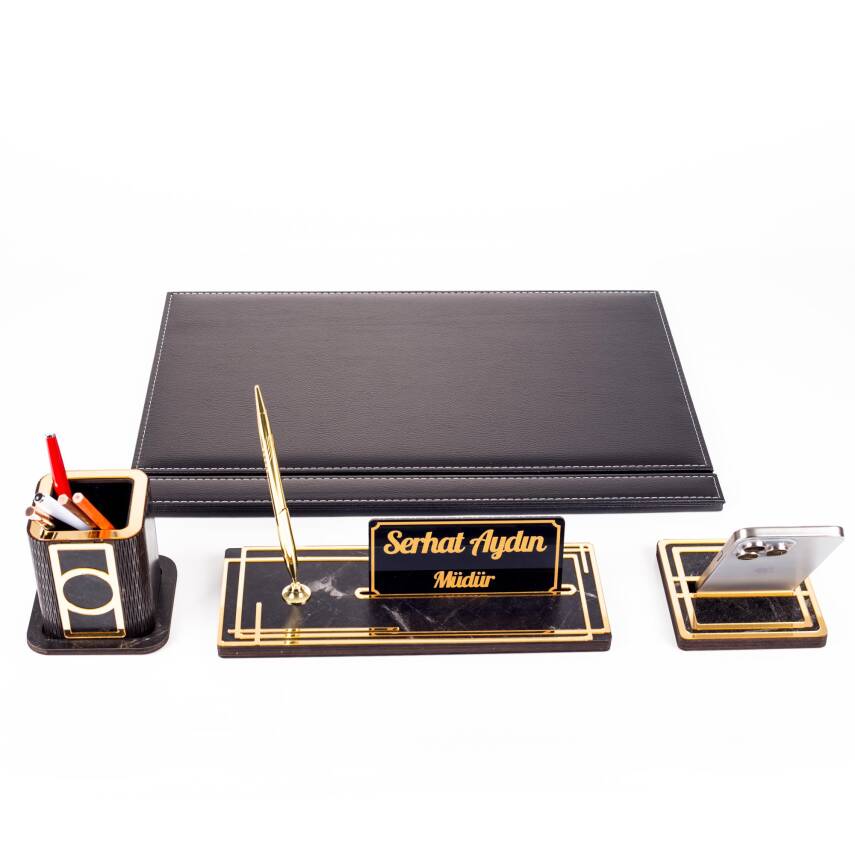 Ares Siyah Deri Sümen Takımı Gold Mermer Desen Ahşap İsme Özel Masa İsimliği İsimlik Seti - 4