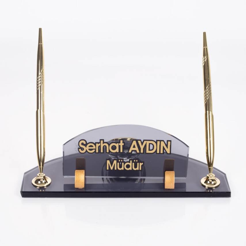 Arona Ofis Masa İsimliği, Oval Kesim Kabartma Yazılı Kalemli Saatli Masa İsimlik - 3