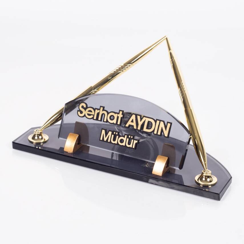 Arona Ofis Masa İsimliği, Oval Kesim Kabartma Yazılı Kalemli Saatli Masa İsimlik - 4