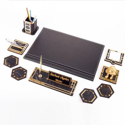 Aslan Biblolu Altın Deri Sümen Takımı Mermer Desen Ahşap İsme Özel Masa İsimliği Masaüstü İsimlik - 2