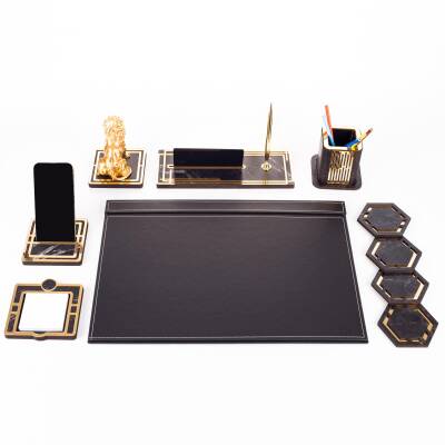 Aslan Biblolu Altın Deri Sümen Takımı Mermer Desen Ahşap İsme Özel Masa İsimliği Masaüstü İsimlik - 3