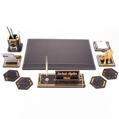 Aslan Biblolu Altın Deri Sümen Takımı Mermer Desen Ahşap İsme Özel Masa İsimliği Masaüstü İsimlik - 4