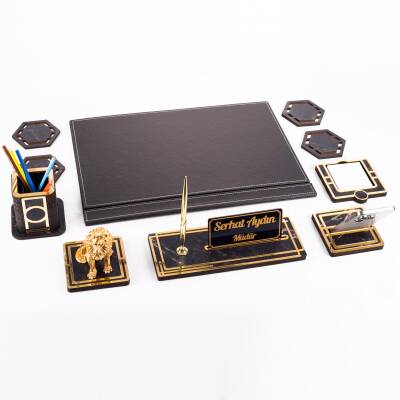 Aslan Biblolu Altın Deri Sümen Takımı Mermer Desen Ahşap İsme Özel Masa İsimliği Masaüstü İsimlik - 5