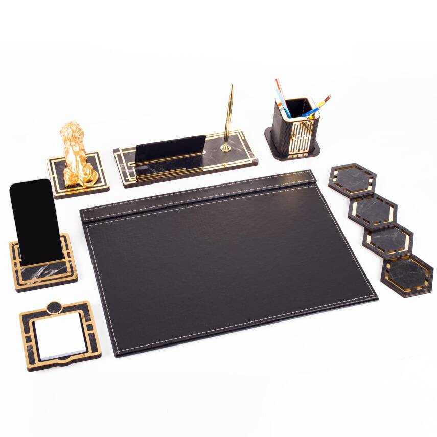 Aslan Biblolu Altın Deri Sümen Takımı Mermer Desen Ahşap İsme Özel Masa İsimliği Masaüstü İsimlik - 6