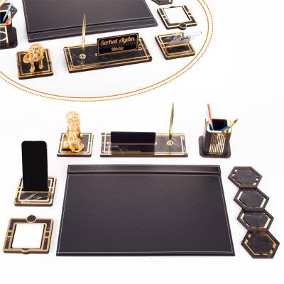 Aslan Biblolu Altın Deri Sümen Takımı Mermer Desen Ahşap İsme Özel Masa İsimliği Masaüstü İsimlik - Ofistike