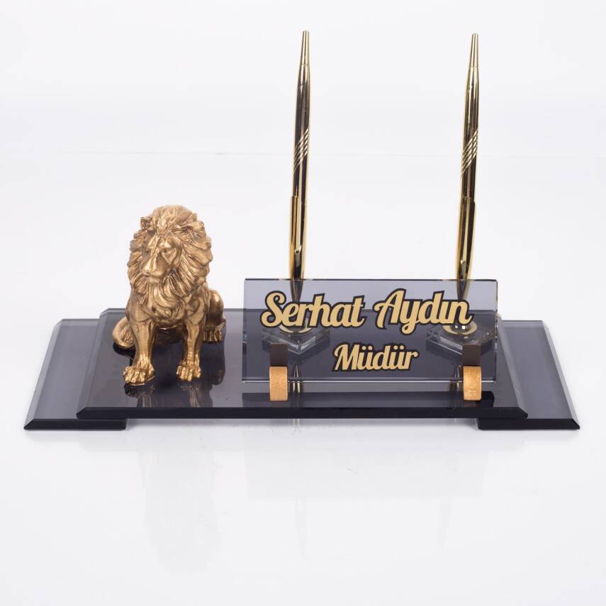 Aslan Biblolu Elit Kristal İsimlik Çift Kalemli Masa İsimliği Lion Lüks Ofis Hediye Masaüstü İsimlik - 4
