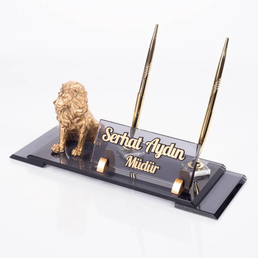 Aslan Biblolu Elit Kristal İsimlik Çift Kalemli Masa İsimliği Lion Lüks Ofis Hediye Masaüstü İsimlik - 1