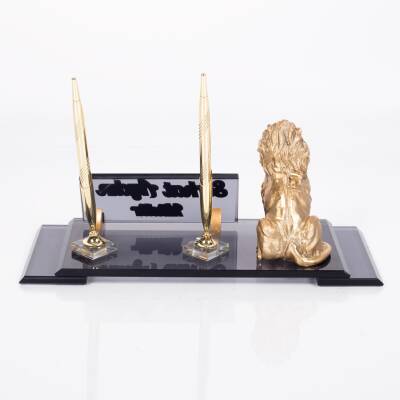 Aslan Biblolu Elit Kristal İsimlik Çift Kalemli Masa İsimliği Lion Lüks Ofis Hediye Masaüstü İsimlik - 2