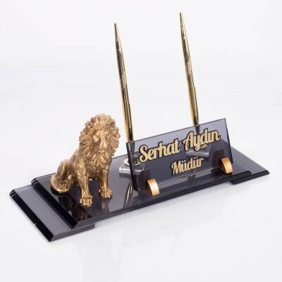 Aslan Biblolu Elit Kristal İsimlik Çift Kalemli Masa İsimliği Lion Lüks Ofis Hediye Masaüstü İsimlik - 3