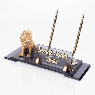 Aslan Biblolu Elit Kristal İsimlik Çift Kalemli Masa İsimliği Lion Lüks Ofis Hediye Masaüstü İsimlik - Ofistike