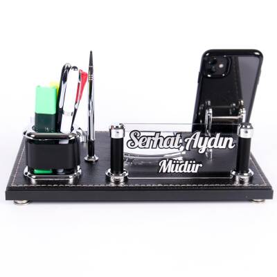 Asur Masa İsimliği Kabartma Yazılı Şık Ofis Masaüstü İsimlik Siyah Deri Masa üstü Organizer - 3