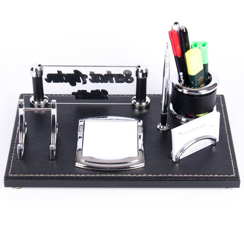 Asur Masa İsimliği Kabartma Yazılı Şık Ofis Masaüstü İsimlik Siyah Deri Masa üstü Organizer - 5