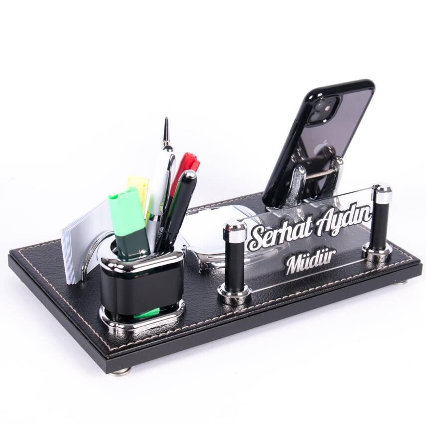 Asur Masa İsimliği Kabartma Yazılı Şık Ofis Masaüstü İsimlik Siyah Deri Masa üstü Organizer - 1