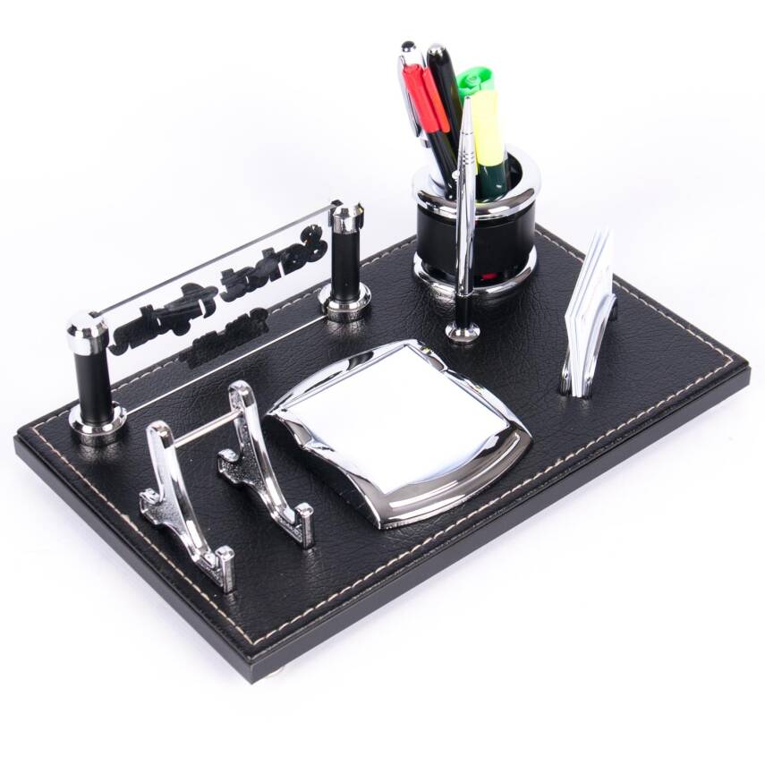 Asur Masa İsimliği Kabartma Yazılı Şık Ofis Masaüstü İsimlik Siyah Deri Masa üstü Organizer - 4