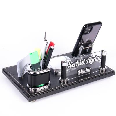 Asur Masa İsimliği Kabartma Yazılı Şık Ofis Masaüstü İsimlik Siyah Deri Masa üstü Organizer 