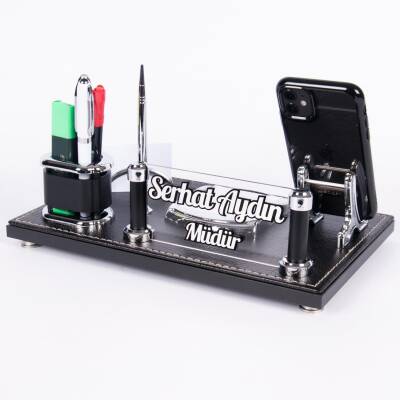 Asur Masa İsimliği Kabartma Yazılı Şık Ofis Masaüstü İsimlik Siyah Deri Masa üstü Organizer - 2