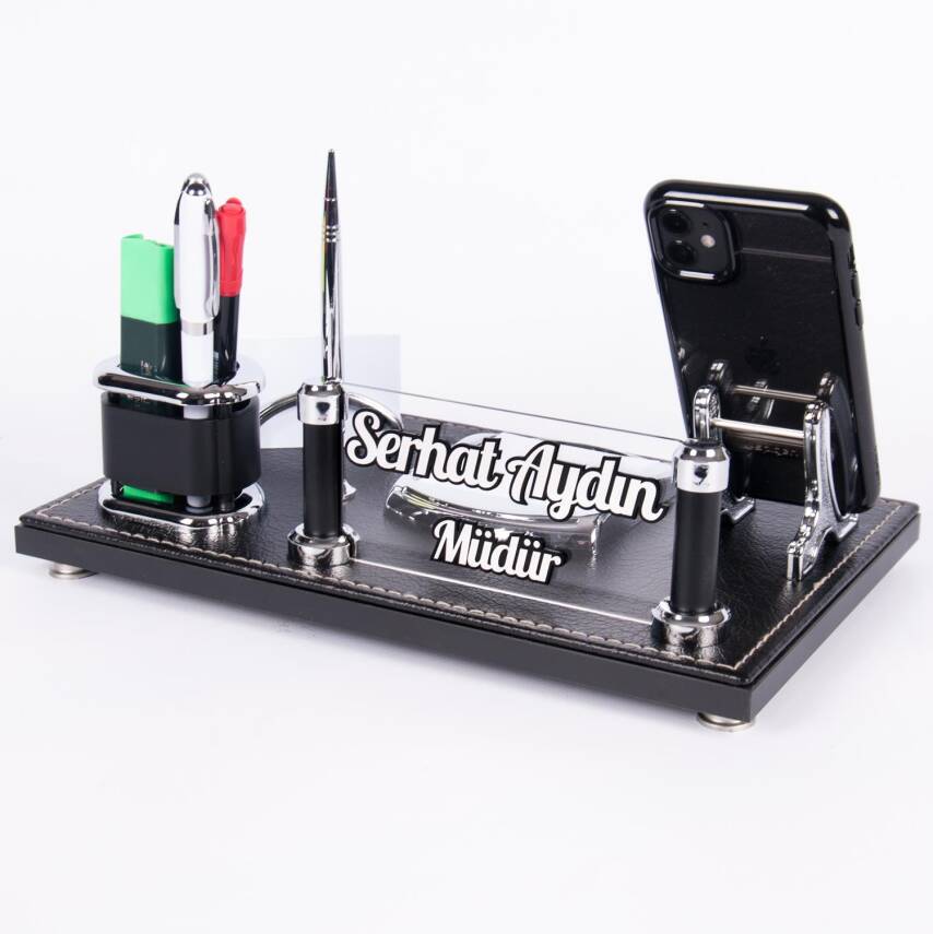 Asur Masa İsimliği Kabartma Yazılı Şık Ofis Masaüstü İsimlik Siyah Deri Masa üstü Organizer - 2