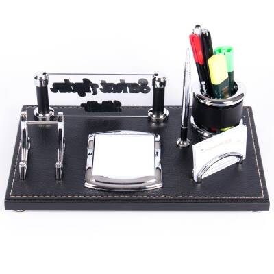 Asur Masa İsimliği Kabartma Yazılı Şık Ofis Masaüstü İsimlik Siyah Deri Masa üstü Organizer - 5