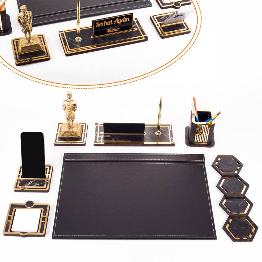 Atatürk Biblolu Altın Deri Sümen Takımı Mermer Desen Ahşap İsme Özel Masa İsimliği Masaüstü İsimlik - 1