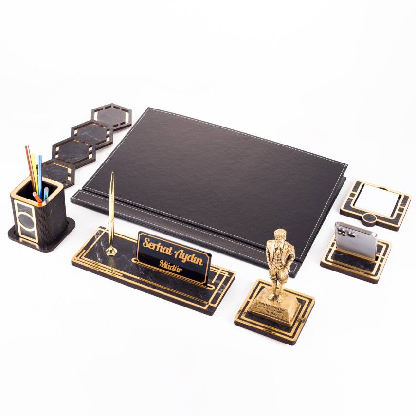 Atatürk Biblolu Altın Deri Sümen Takımı Mermer Desen Ahşap İsme Özel Masa İsimliği Masaüstü İsimlik - 2