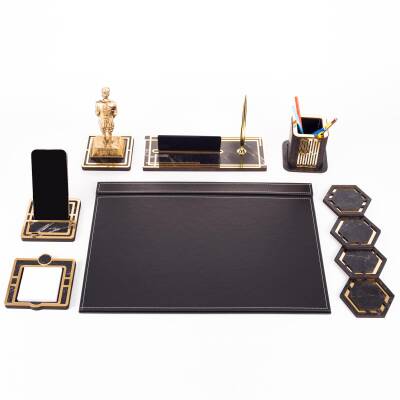 Atatürk Biblolu Altın Deri Sümen Takımı Mermer Desen Ahşap İsme Özel Masa İsimliği Masaüstü İsimlik - 3