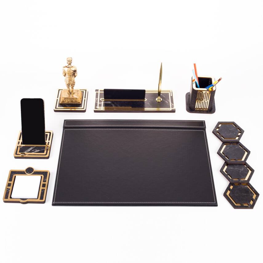 Atatürk Biblolu Altın Deri Sümen Takımı Mermer Desen Ahşap İsme Özel Masa İsimliği Masaüstü İsimlik - 3