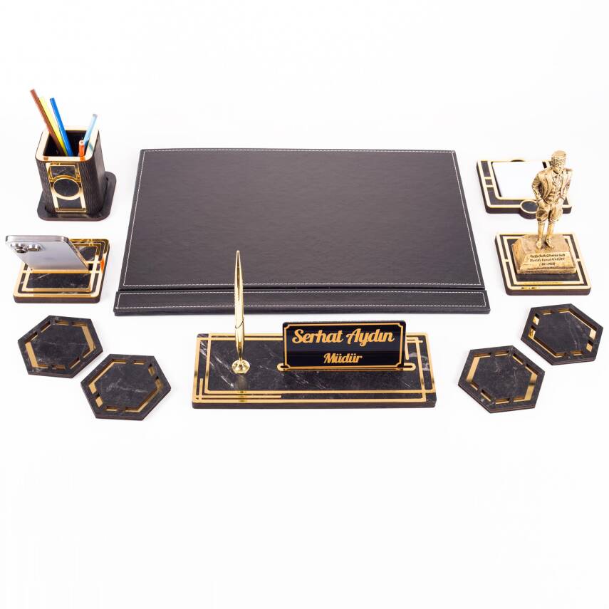 Atatürk Biblolu Altın Deri Sümen Takımı Mermer Desen Ahşap İsme Özel Masa İsimliği Masaüstü İsimlik - 4
