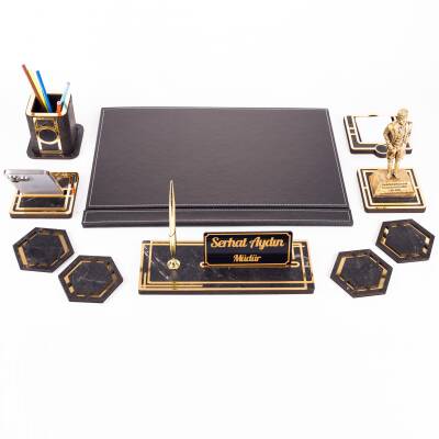 Atatürk Biblolu Altın Deri Sümen Takımı Mermer Desen Ahşap İsme Özel Masa İsimliği Masaüstü İsimlik - 4