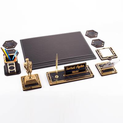 Atatürk Biblolu Altın Deri Sümen Takımı Mermer Desen Ahşap İsme Özel Masa İsimliği Masaüstü İsimlik - 5