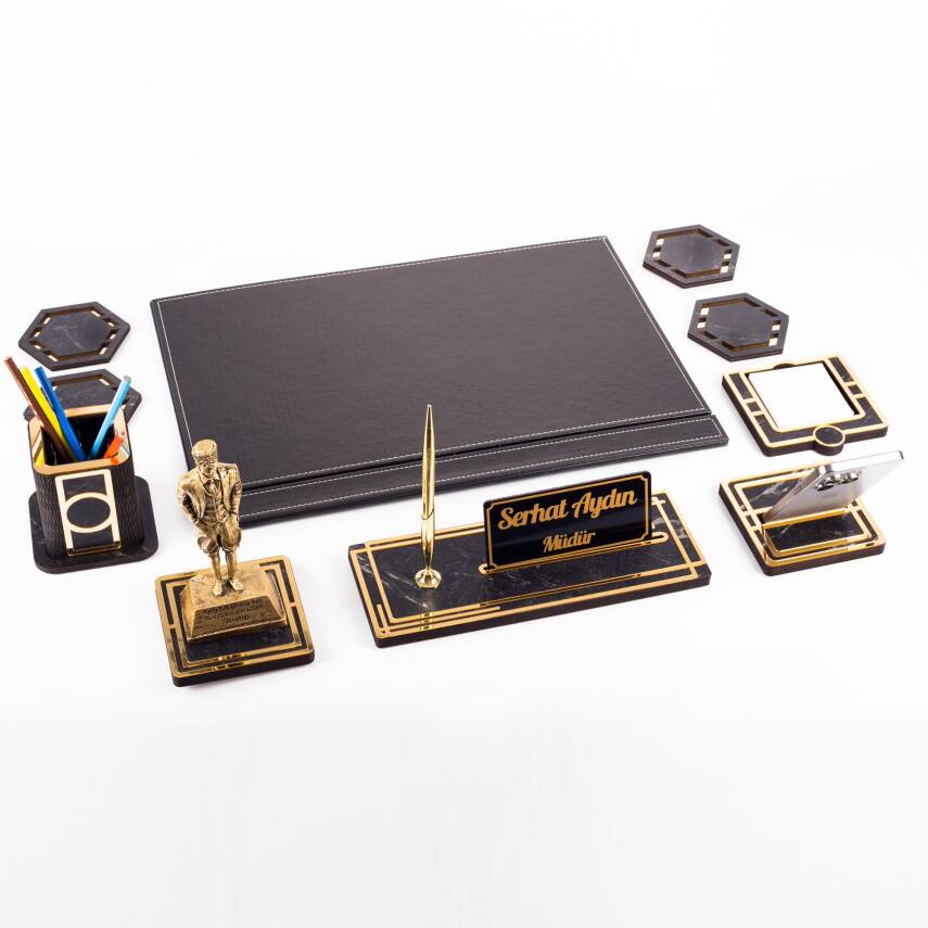 Atatürk Biblolu Altın Deri Sümen Takımı Mermer Desen Ahşap İsme Özel Masa İsimliği Masaüstü İsimlik - 5
