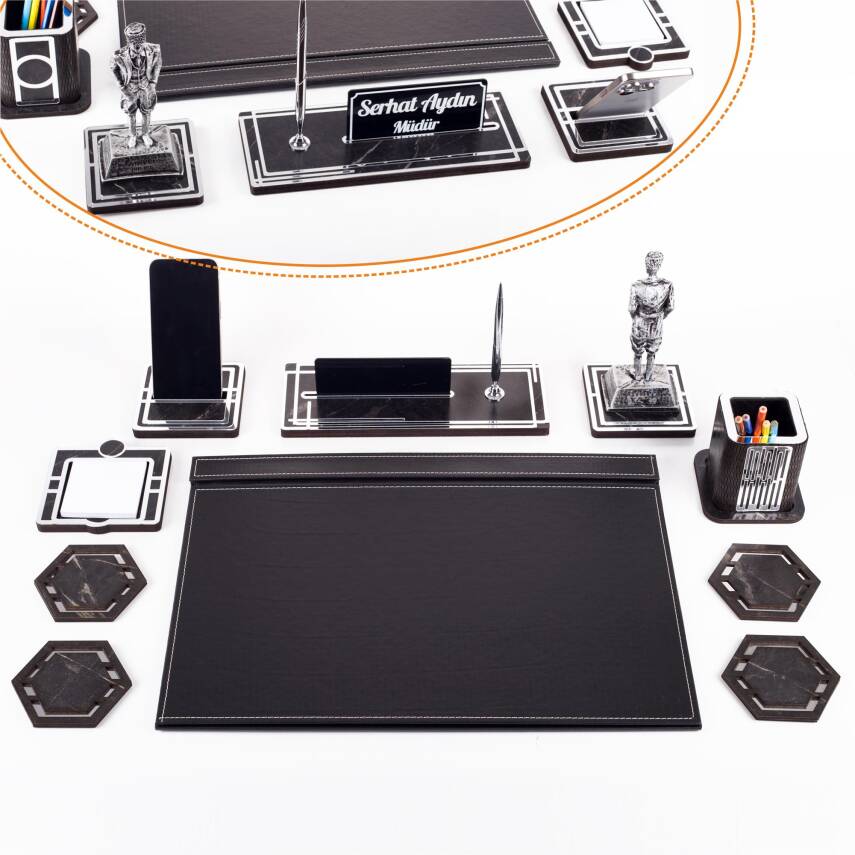 Atatürk Biblolu Gümüş Deri Sümen Takımı Mermer Desen Ahşap İsme Özel Masa İsimliği Masaüstü İsimlik - 1