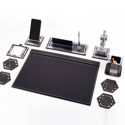 Atatürk Biblolu Gümüş Deri Sümen Takımı Mermer Desen Ahşap İsme Özel Masa İsimliği Masaüstü İsimlik - 2