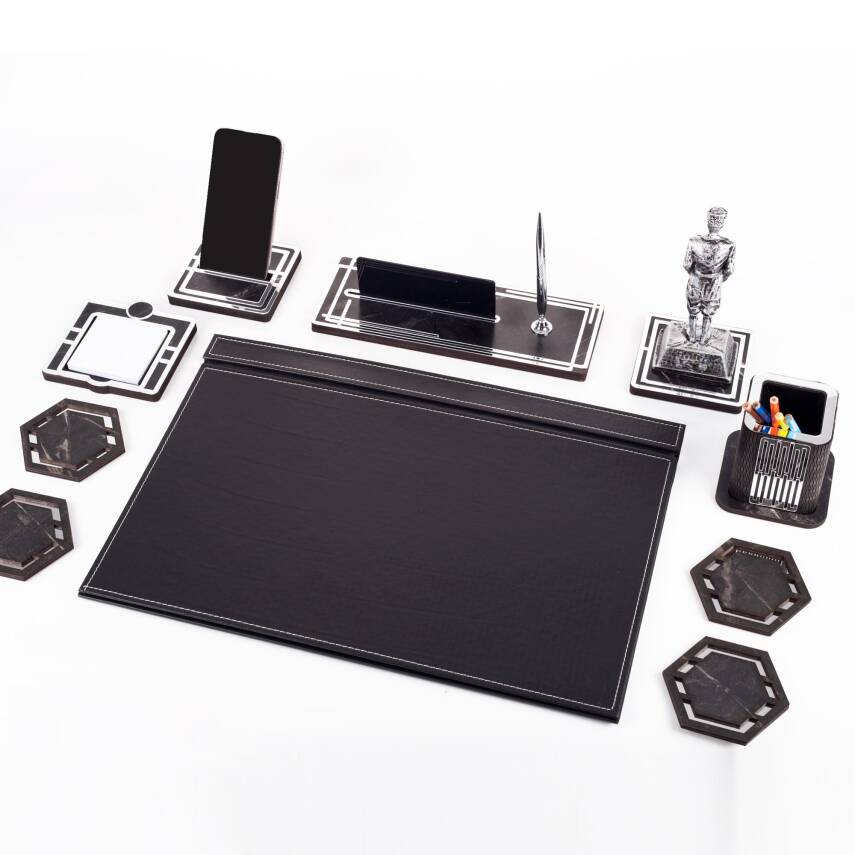 Atatürk Biblolu Gümüş Deri Sümen Takımı Mermer Desen Ahşap İsme Özel Masa İsimliği Masaüstü İsimlik - 2