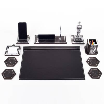 Atatürk Biblolu Gümüş Deri Sümen Takımı Mermer Desen Ahşap İsme Özel Masa İsimliği Masaüstü İsimlik - 3