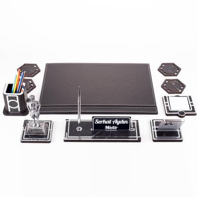 Atatürk Biblolu Gümüş Deri Sümen Takımı Mermer Desen Ahşap İsme Özel Masa İsimliği Masaüstü İsimlik - 4