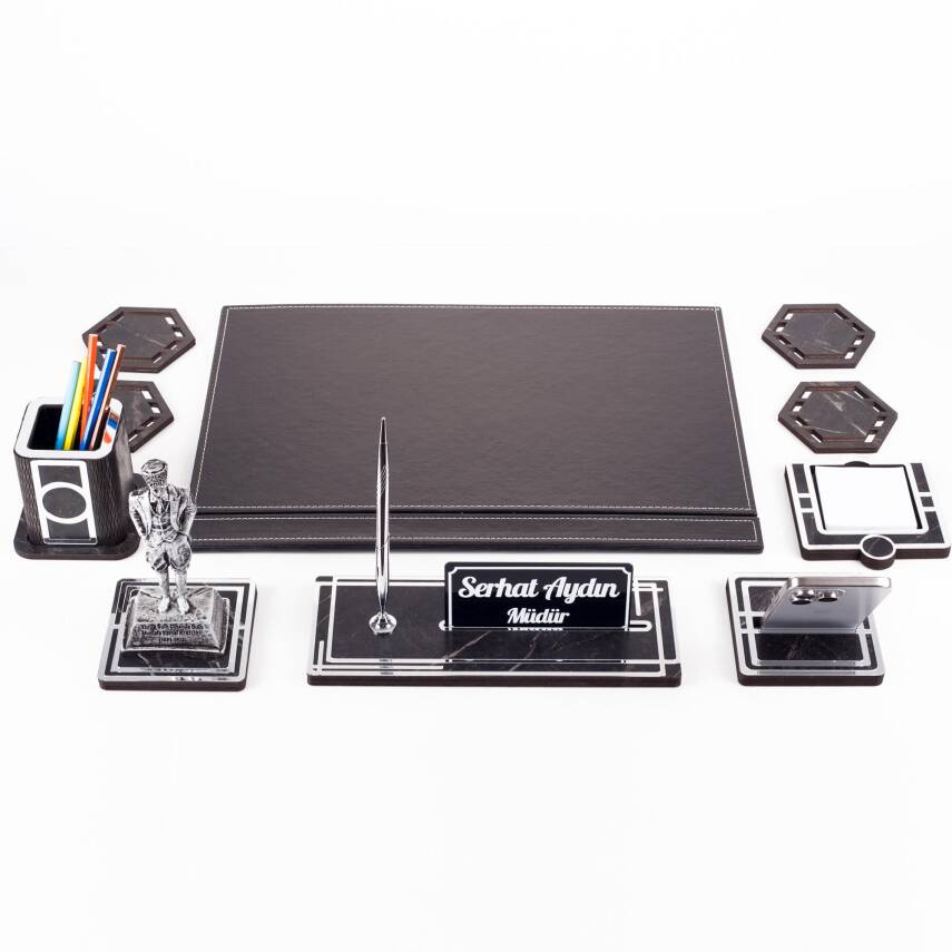Atatürk Biblolu Gümüş Deri Sümen Takımı Mermer Desen Ahşap İsme Özel Masa İsimliği Masaüstü İsimlik - 4