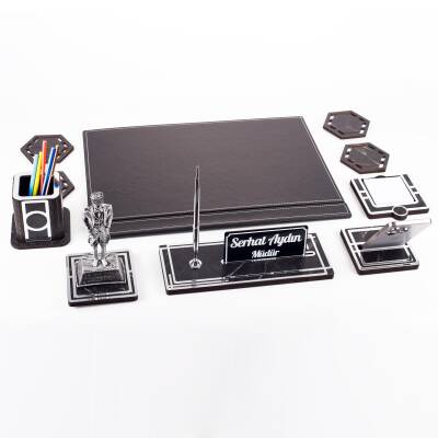 Atatürk Biblolu Gümüş Deri Sümen Takımı Mermer Desen Ahşap İsme Özel Masa İsimliği Masaüstü İsimlik - 5