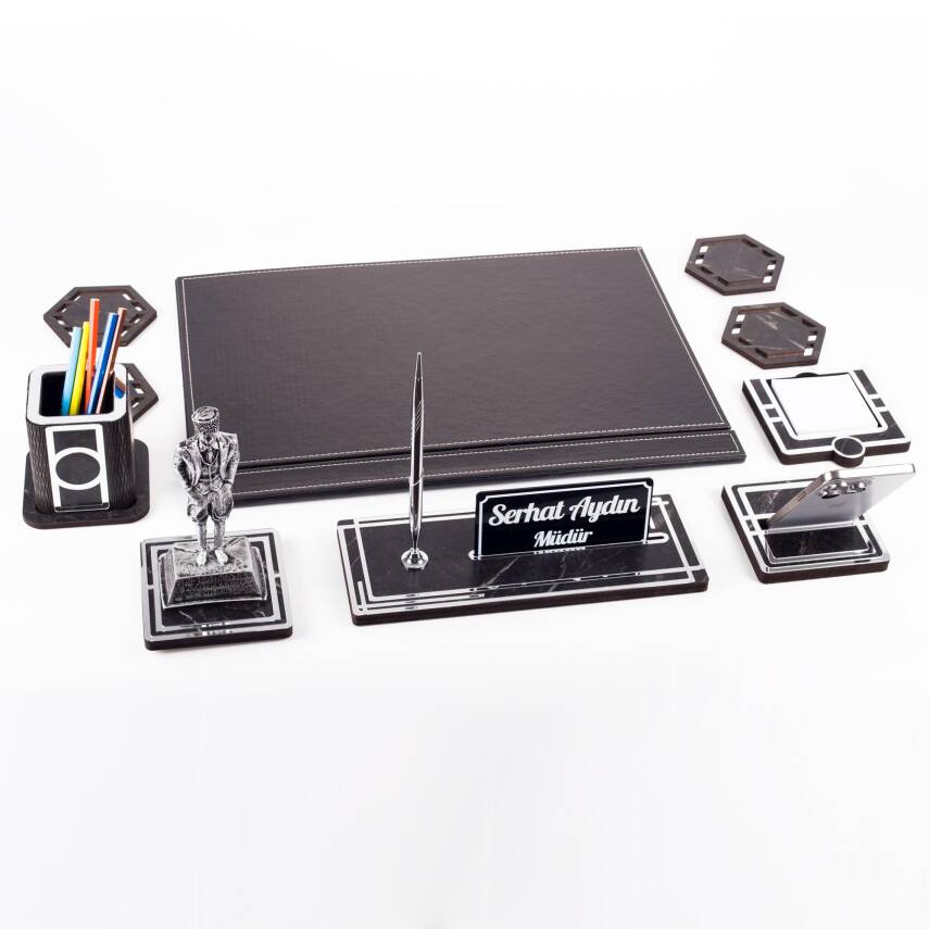 Atatürk Biblolu Gümüş Deri Sümen Takımı Mermer Desen Ahşap İsme Özel Masa İsimliği Masaüstü İsimlik - 5